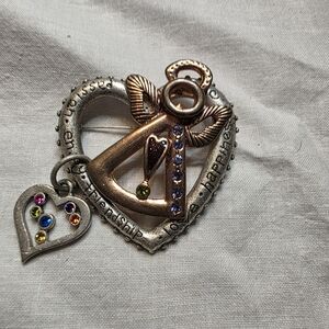 Vintage Heart and Angel Brooch with Colorful Rhinestones